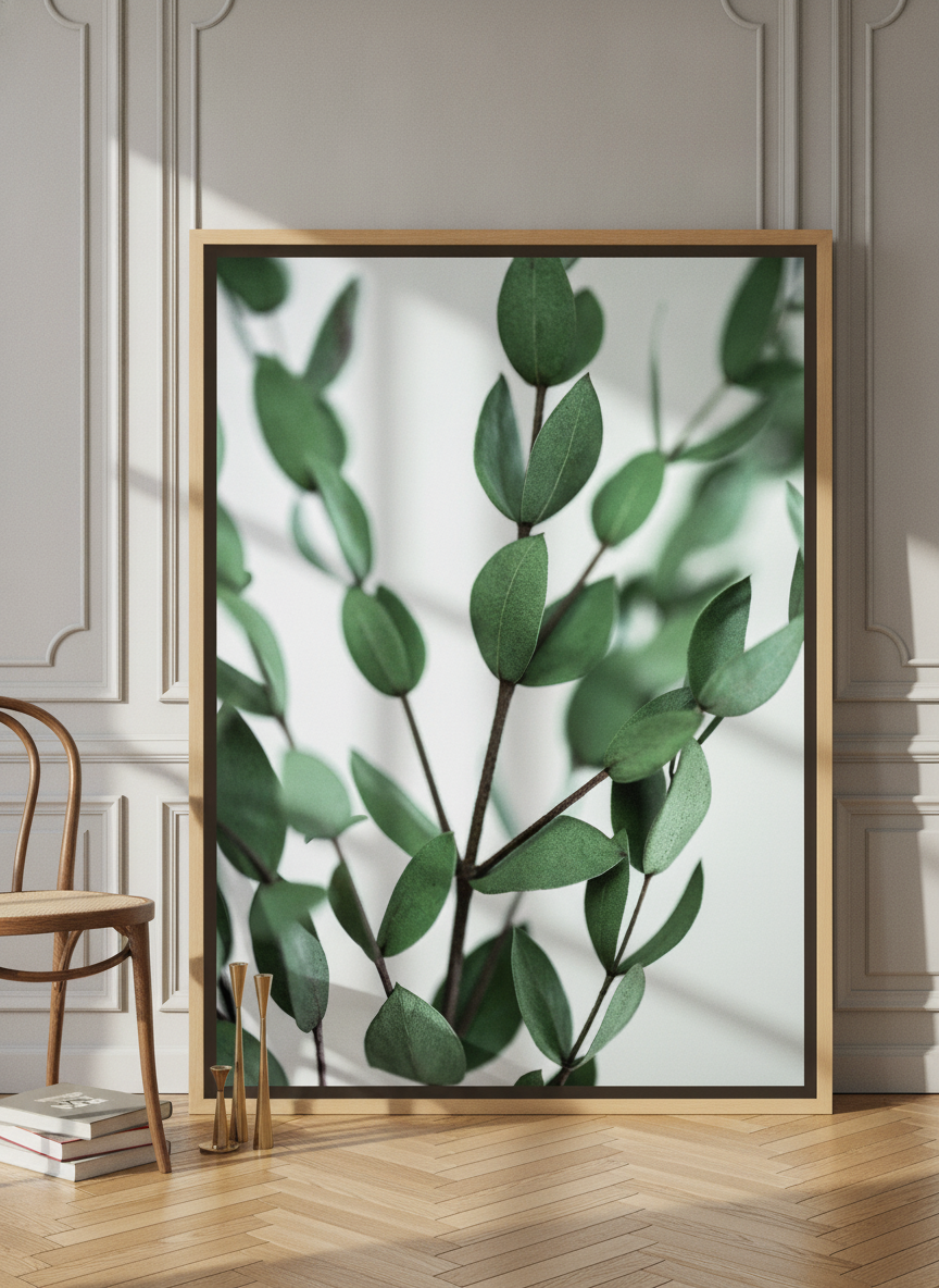 Oversized statement canvas wall art with a natural timber surround leaning against the wall in a Parisian bedroom