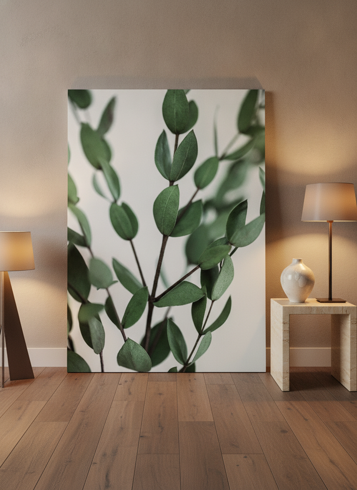 Stretched canvas wall art leaning against the wall in a luxe living room