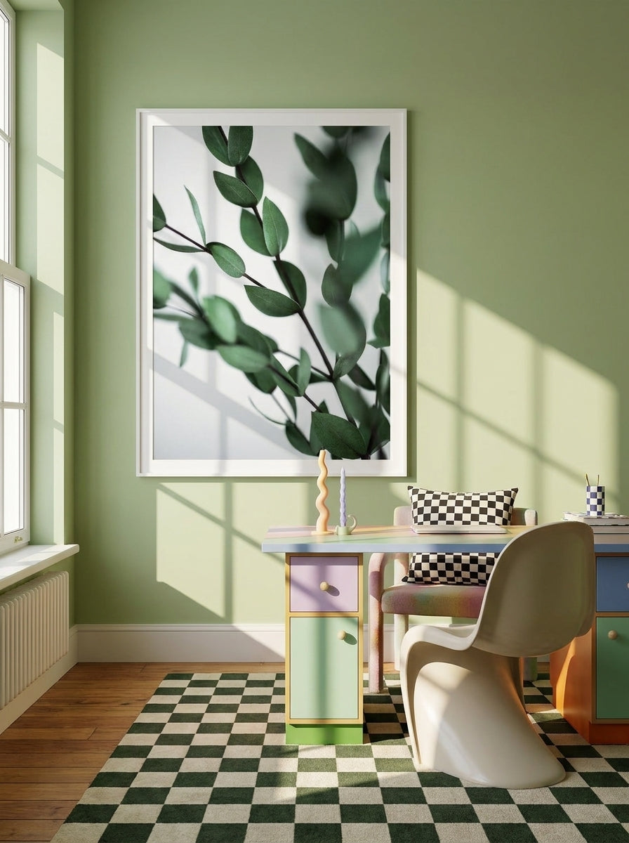 Modern wall art print styled on the wall in a colourful eclectic home office