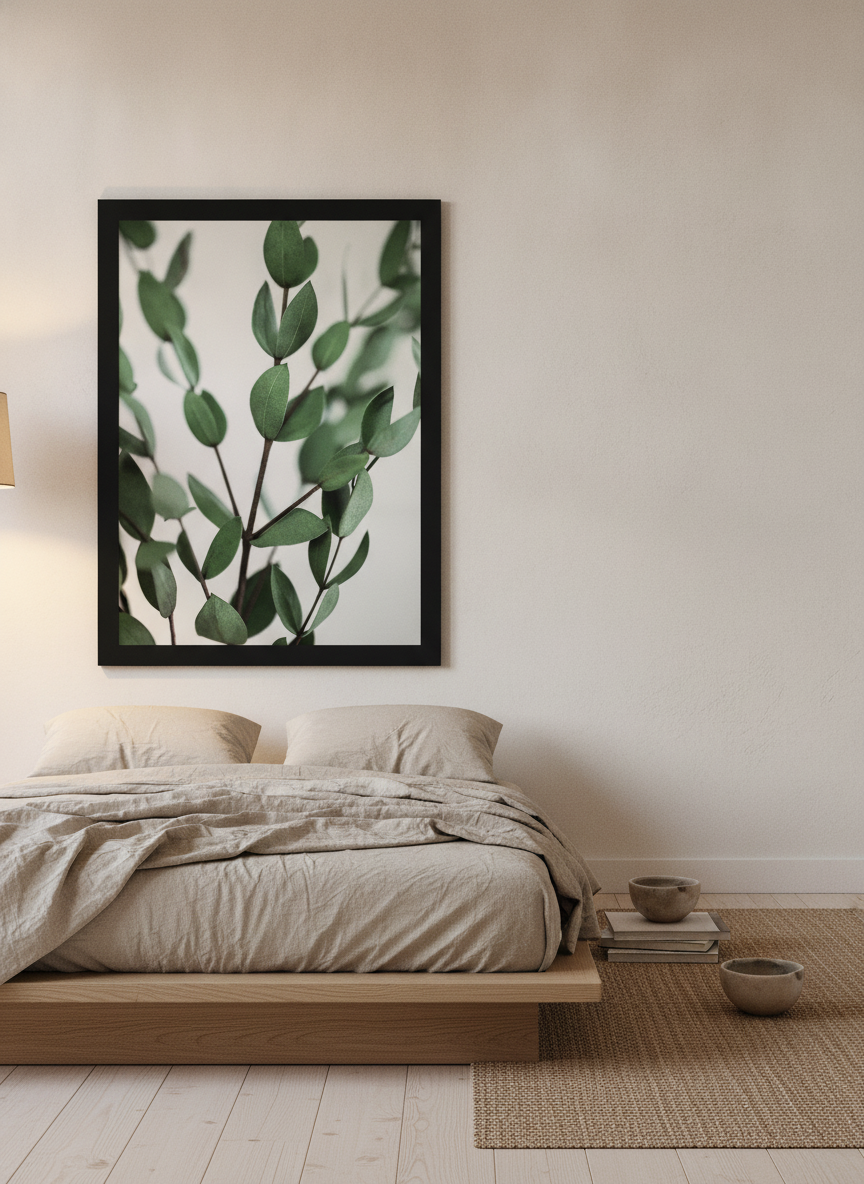 Oversized statement modern wall art print styled on the wall in a warm Japandi bedroom