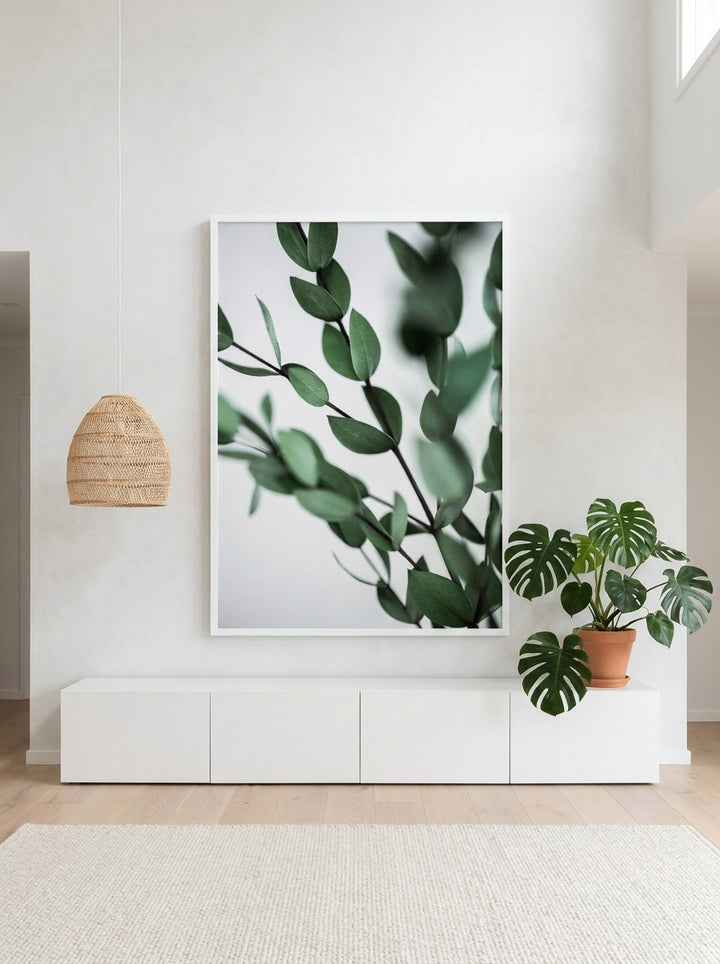 Oversized statement modern wall art print styled on the wall in a bright Scandinavian living room