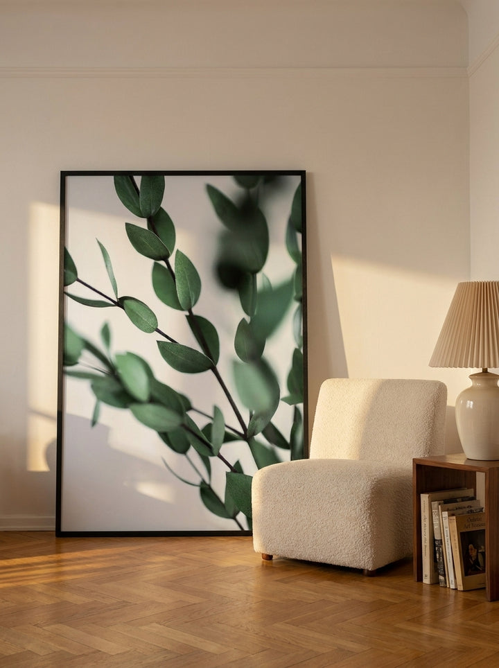Oversized statement modern wall art print leaning against the wall in a mid-century dining room