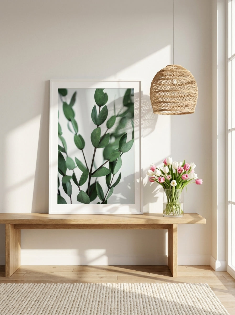 Modern wall art print standing on a bench in a bright Scandinavian bathroom