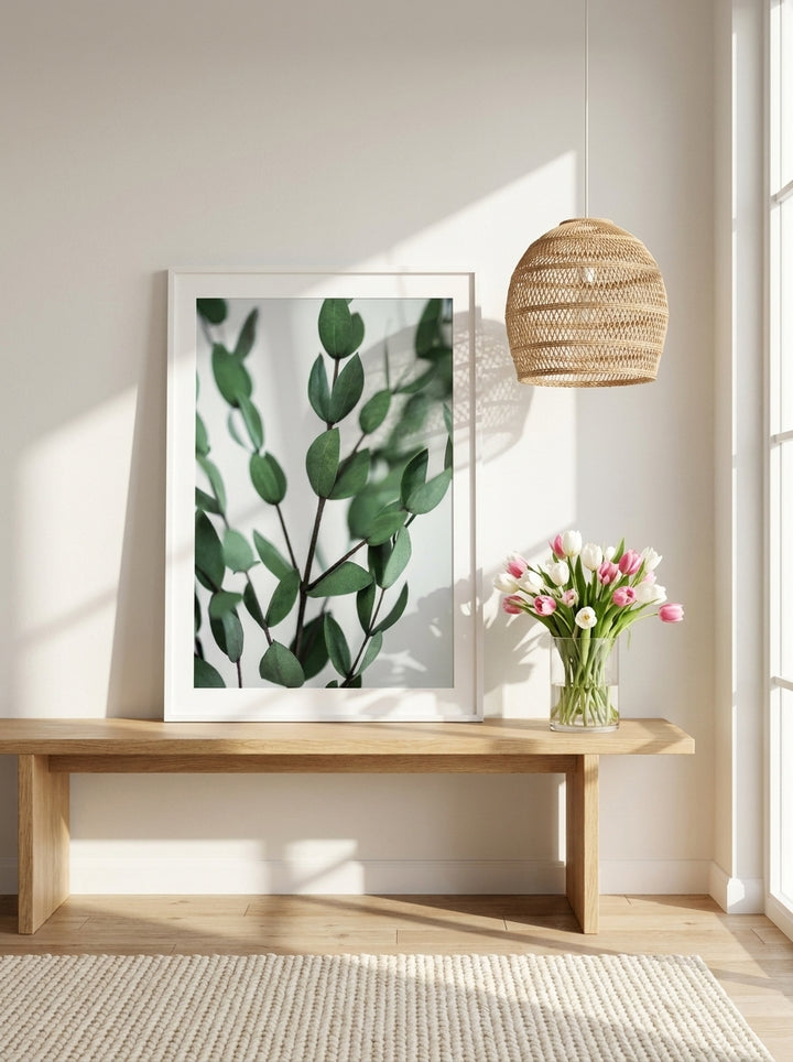 Modern wall art print standing on a bench in a bright Scandinavian bathroom