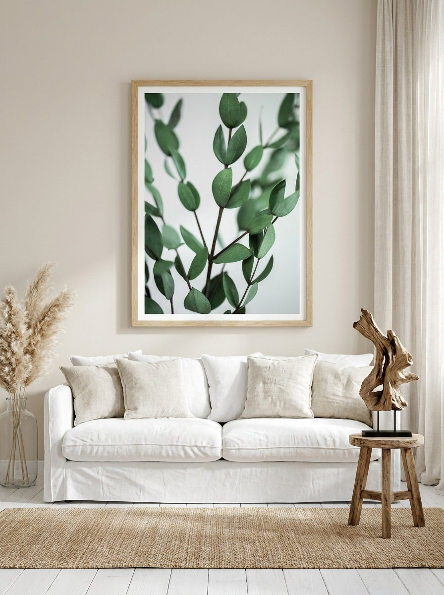 Modern wall art print styled on the wall in a coastal living room