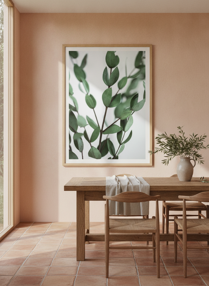 Oversized statement modern wall art print styled on the wall in a Mediterranean dining room