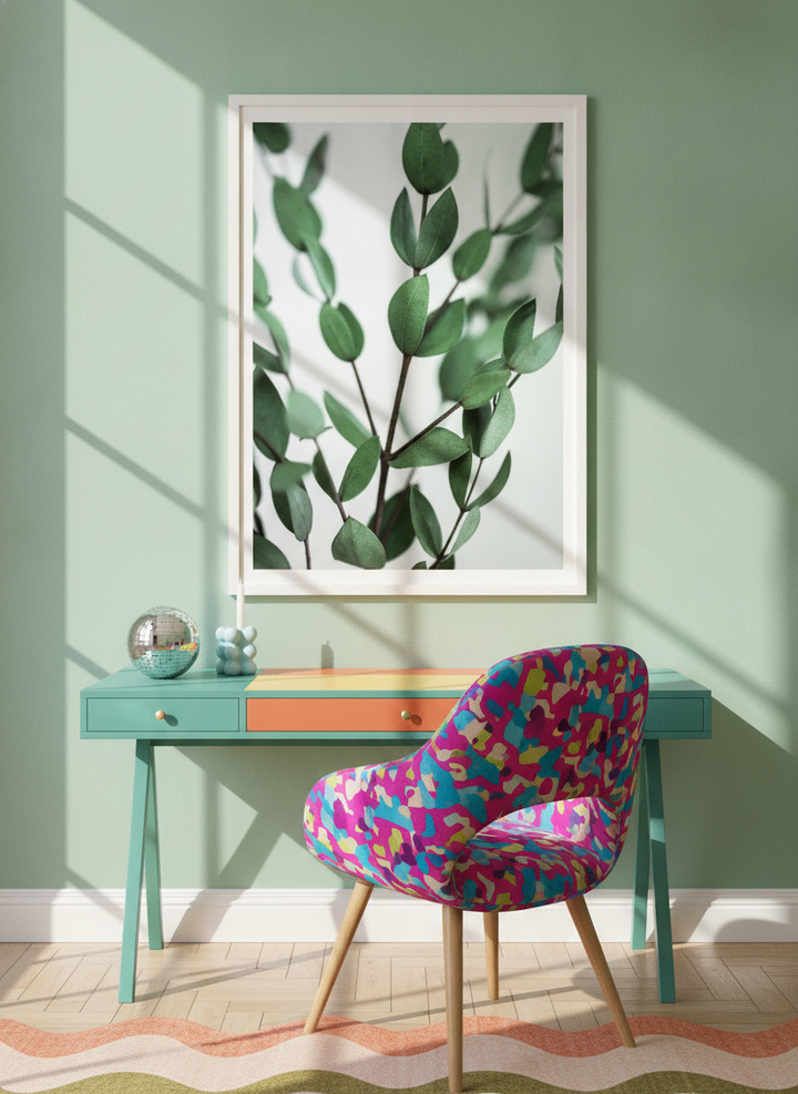 Modern wall art print styled on the wall in a colourful eclectic home office