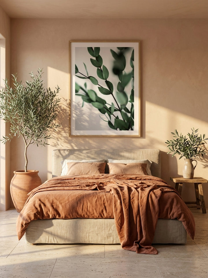 Modern wall art print styled on the wall in a Mediterranean bedroom