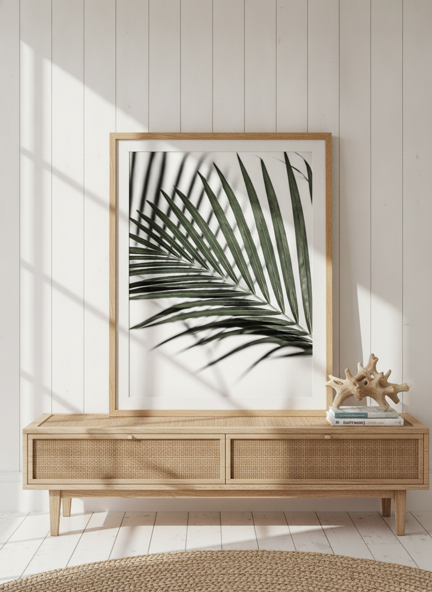 Modern wall art print standing on a sideboard in a coastal home office