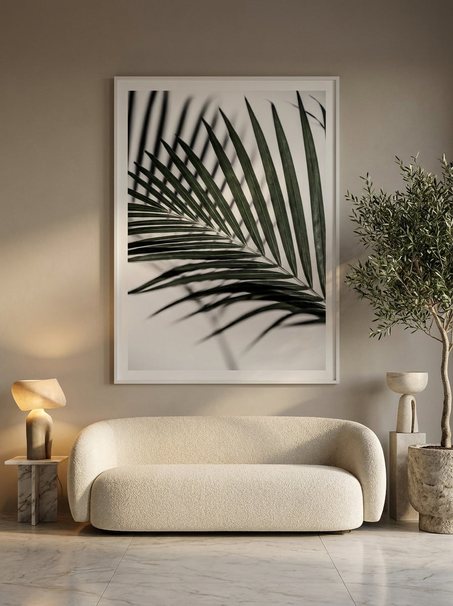 Modern wall art print styled on the wall in a luxe living room