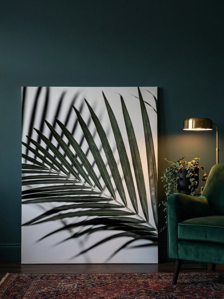 Stretched canvas wall art leaning against the wall in a moody bedroom