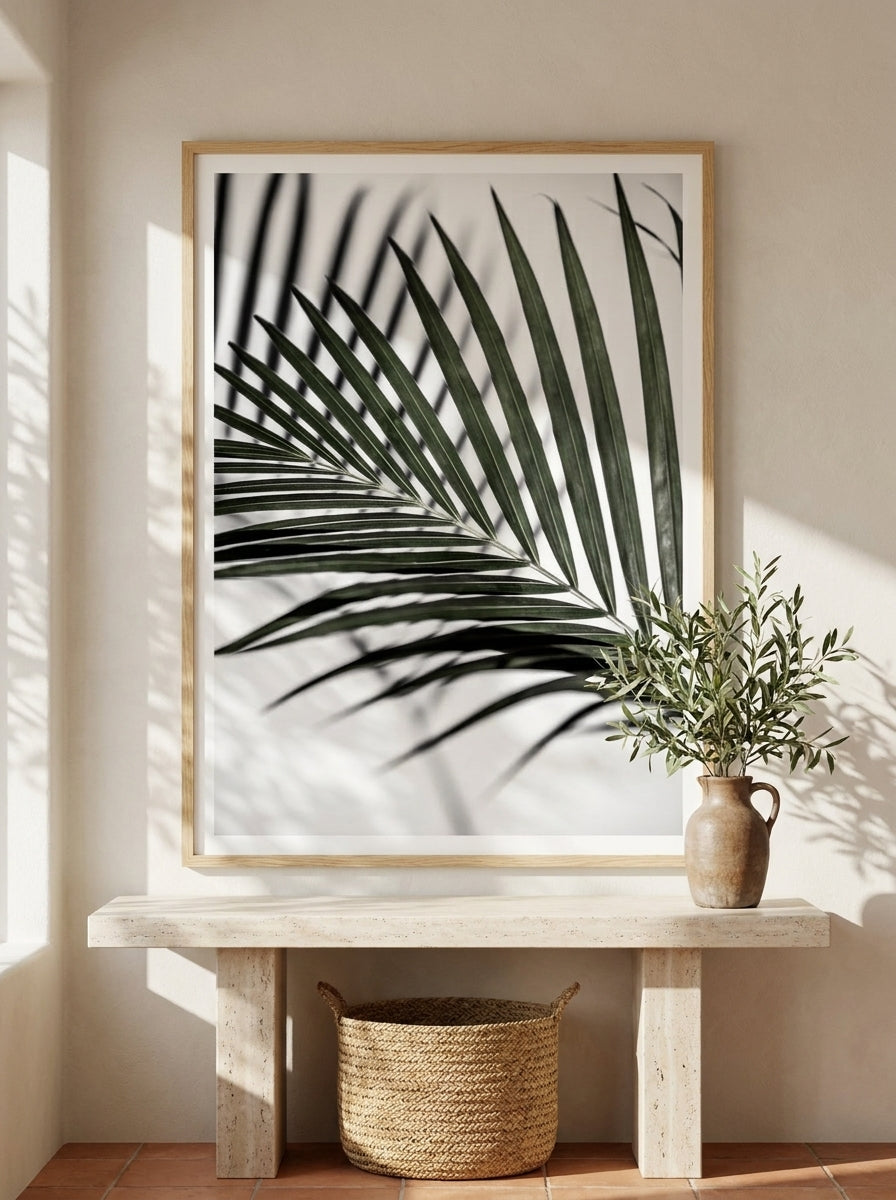 Modern wall art print styled on the wall in a Mediterranean living room