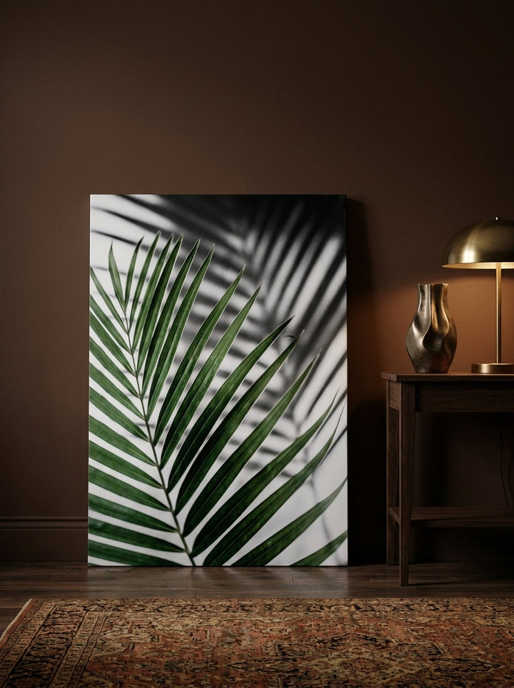 Stretched canvas wall art leaning against the wall in a moody bedroom