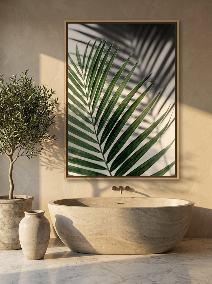 Oversized statement canvas wall art with a natural timber surround styled on the wall in a luxe bathroom