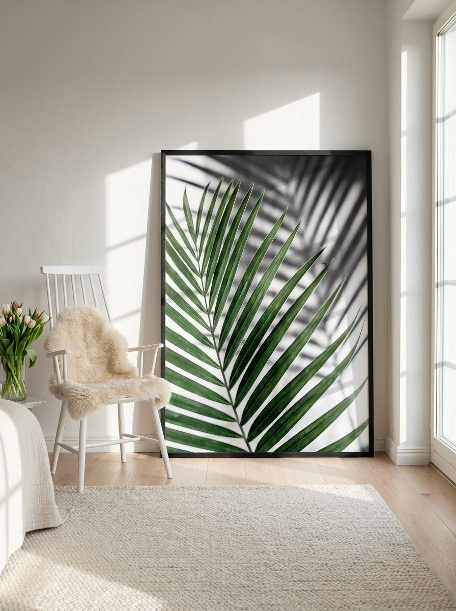 Oversized statement modern wall art print leaning against the wall in a bright Scandinavian bedroom