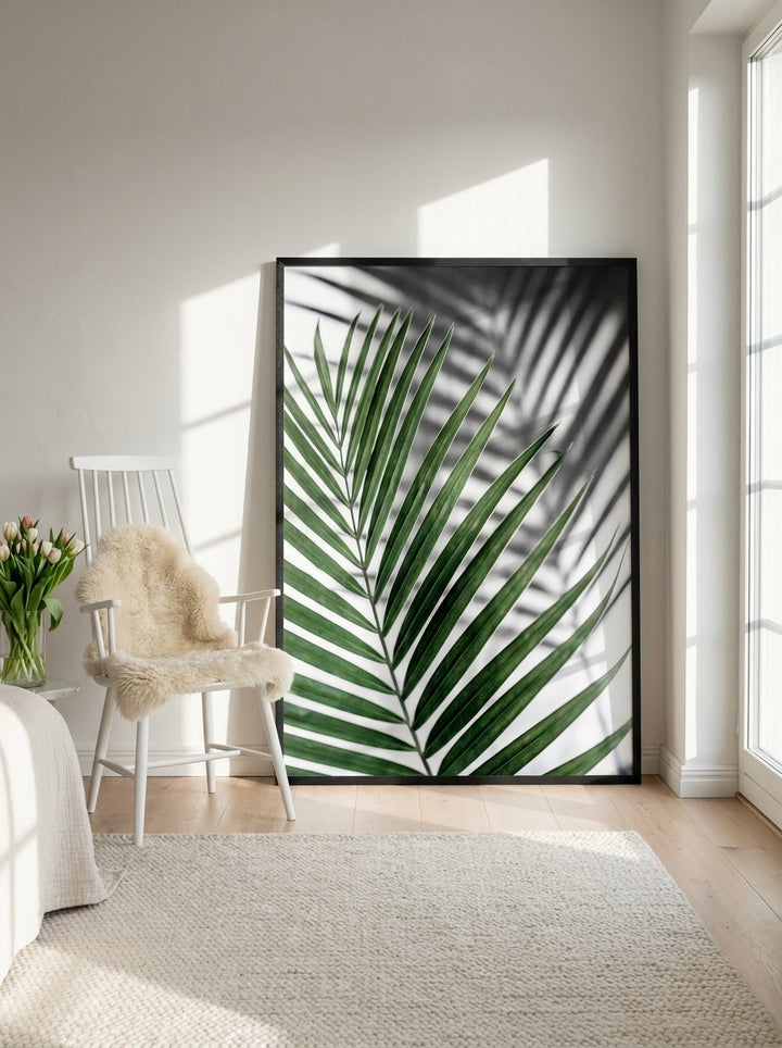 Oversized statement modern wall art print leaning against the wall in a bright Scandinavian bedroom