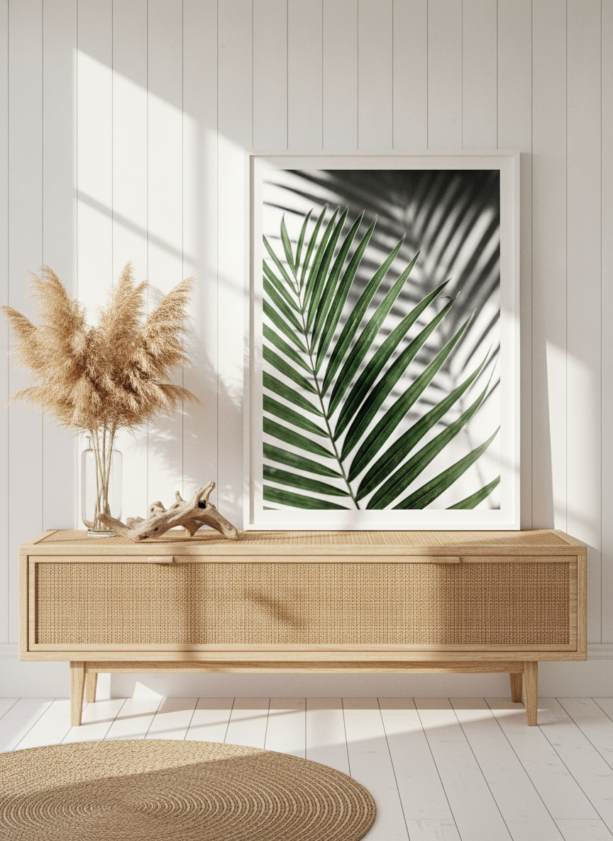 Modern wall art print standing on a sideboard in a coastal bathroom