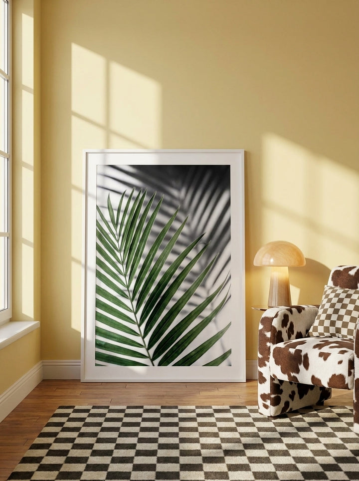 Modern wall art print leaning against the wall in a colourful eclectic living room