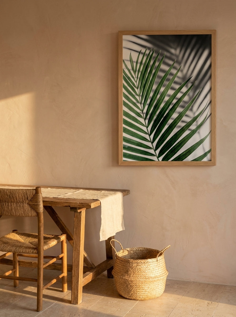 Modern wall art print styled on the wall in a Mediterranean home office