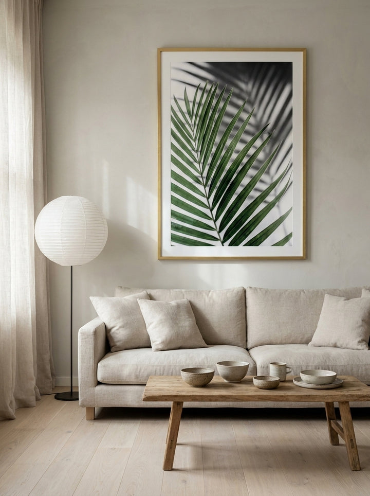 Modern wall art print styled on the wall in a warm Japandi living room