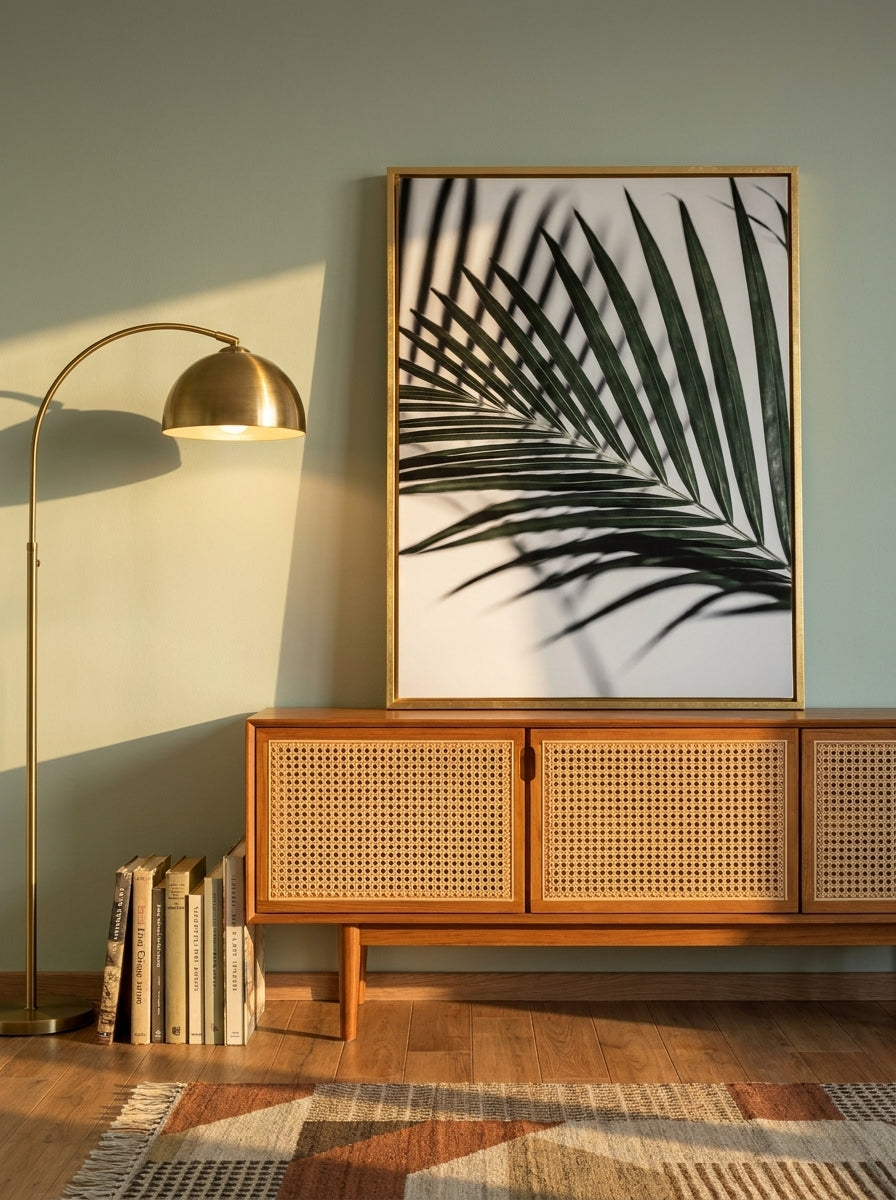 Canvas wall art with a gold leaf surround standing on a sideboard in a mid-century living room