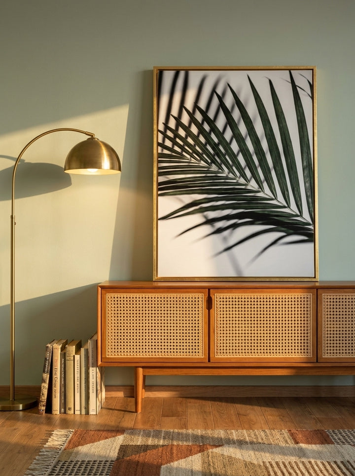 Canvas wall art with a gold leaf surround standing on a sideboard in a mid-century living room