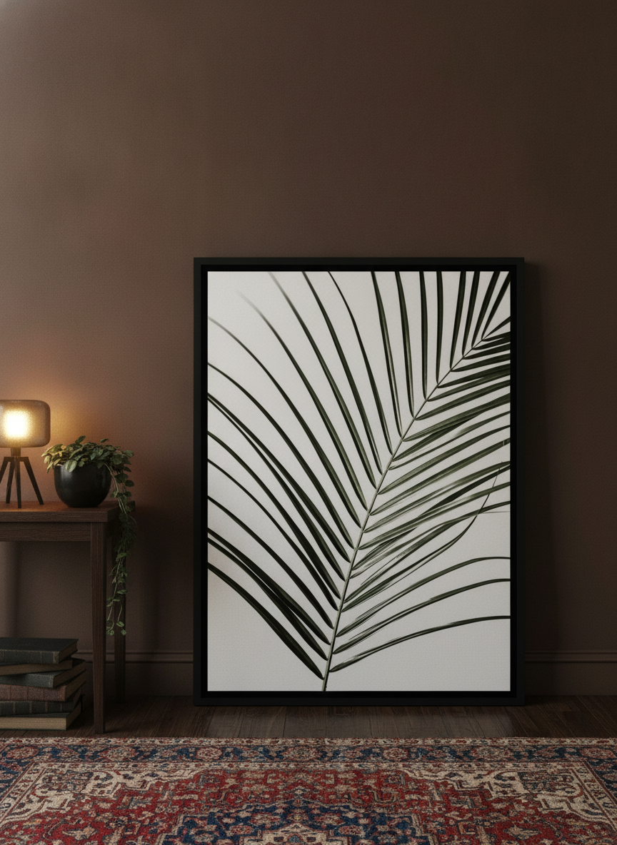 Canvas wall art with a black surround leaning against the wall in a moody home office