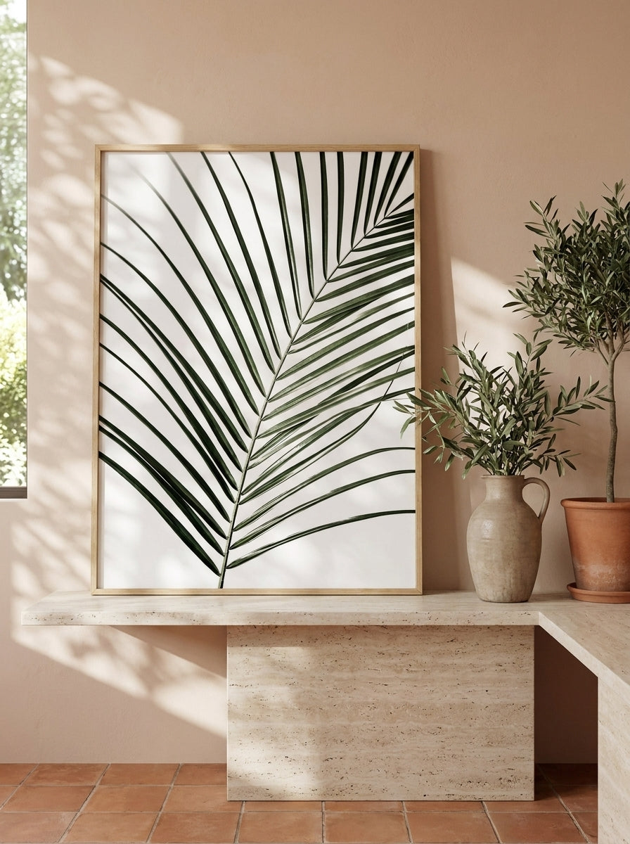Modern wall art print standing on a console in a Mediterranean home office