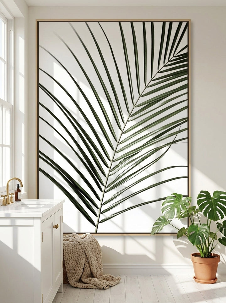 Oversized statement canvas wall art with a natural timber surround styled on the wall in a bright Scandinavian bathroom