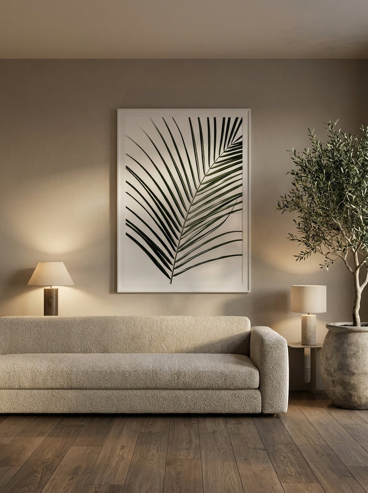 Modern wall art print styled on the wall in a luxe living room
