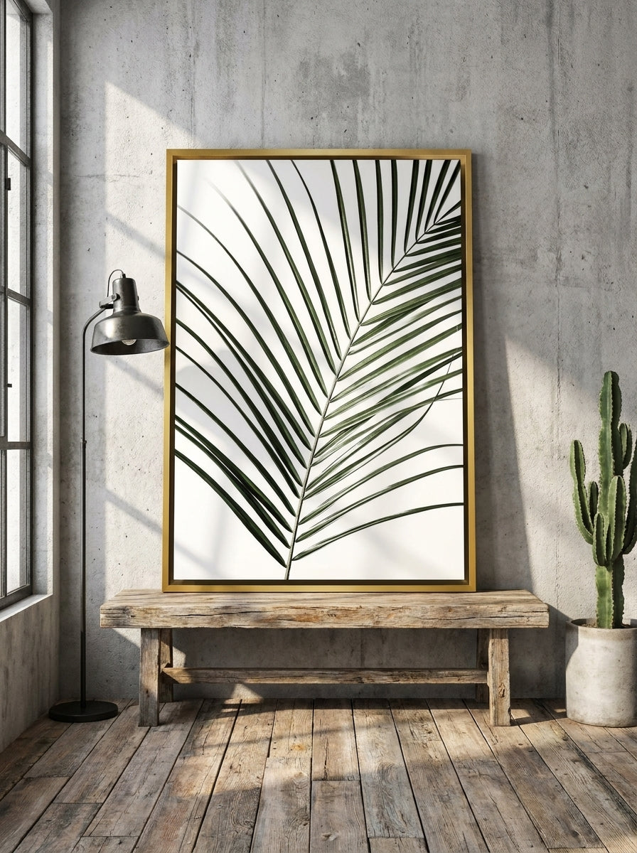Canvas wall art with a gold leaf surround standing on a bench in an industrial loft living room