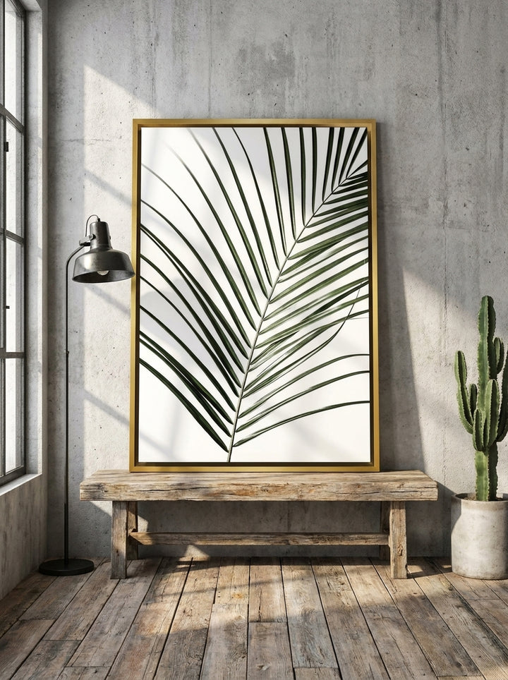 Canvas wall art with a gold leaf surround standing on a bench in an industrial loft living room