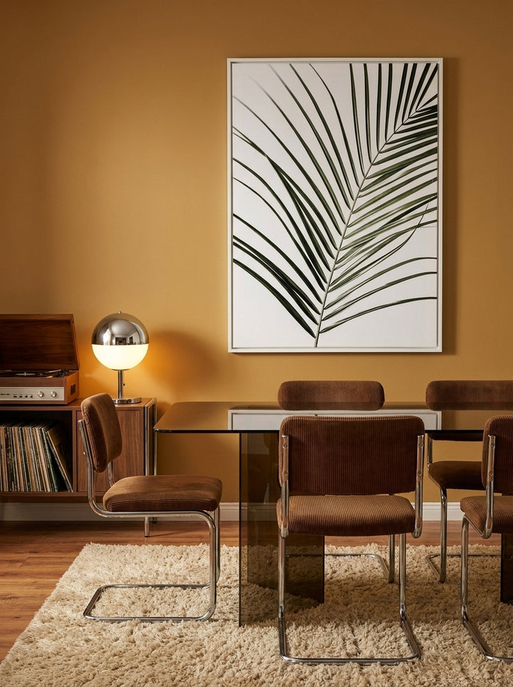 Oversized statement canvas wall art with a white surround styled on the wall in a retro 70s dining room