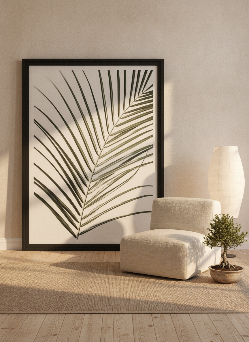 Oversized statement modern wall art print leaning against the wall in a warm Japandi bedroom