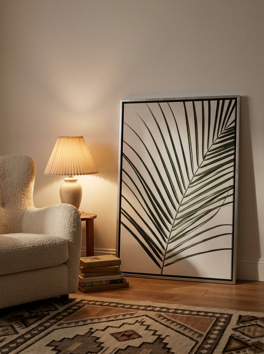 Canvas wall art with a silver leaf surround leaning against the wall in a mid-century bedroom