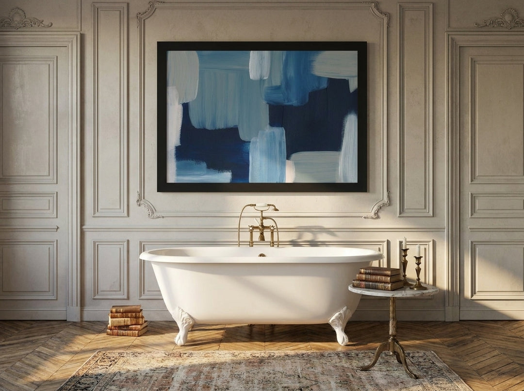 Modern wall art print styled on the wall in a Parisian bathroom
