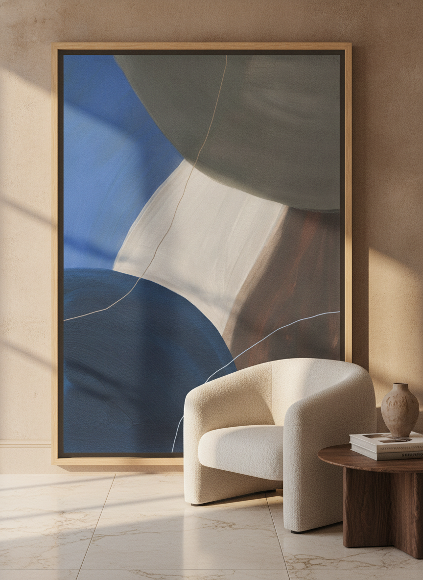 Oversized statement canvas wall art with a natural timber surround leaning against the wall in a luxe living room