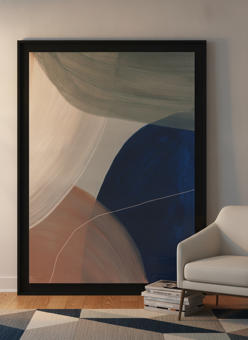 Oversized statement modern wall art print leaning against the wall in a mid-century home office