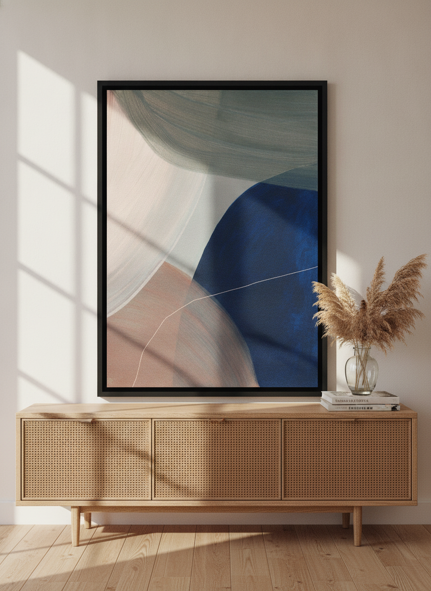 Canvas wall art with a black surround standing on a sideboard in a coastal living room