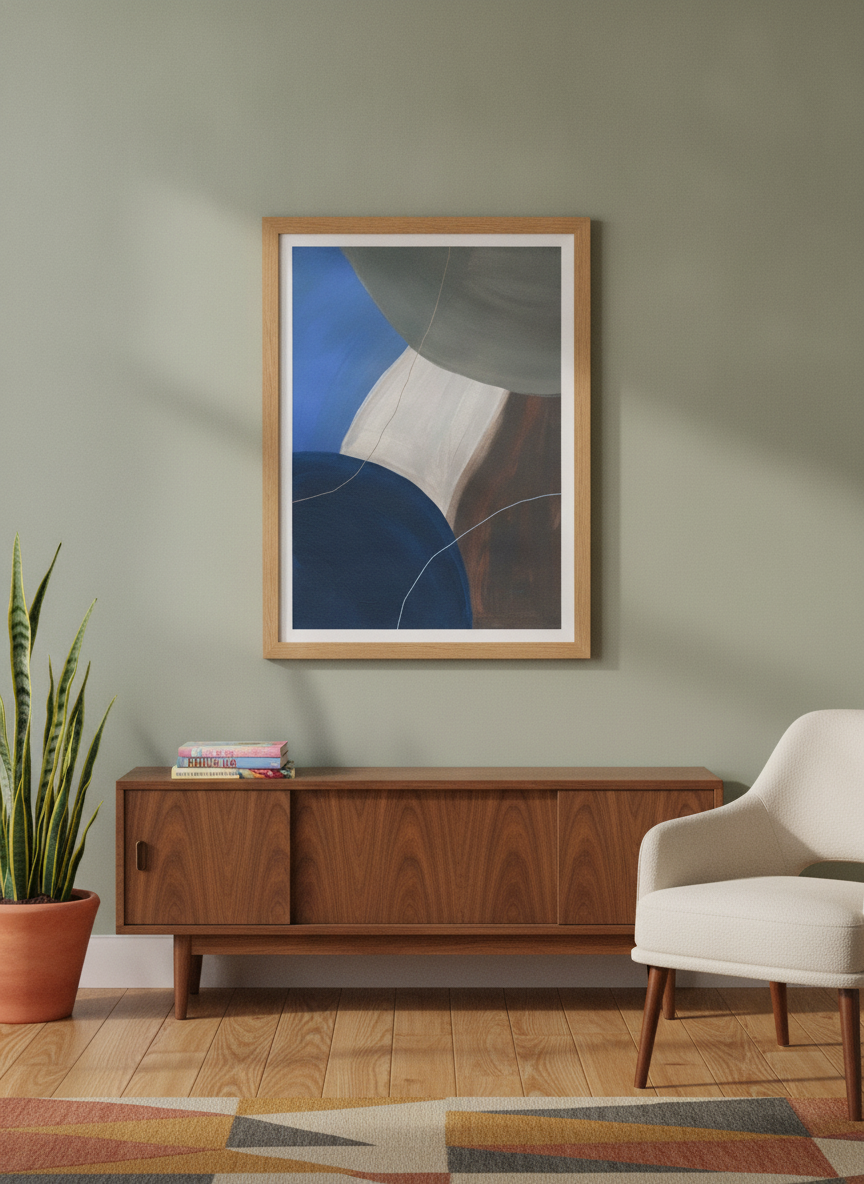 Modern wall art print styled on the wall in a mid-century living room