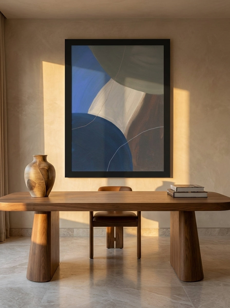 Oversized statement modern wall art print styled on the wall in a luxe home office