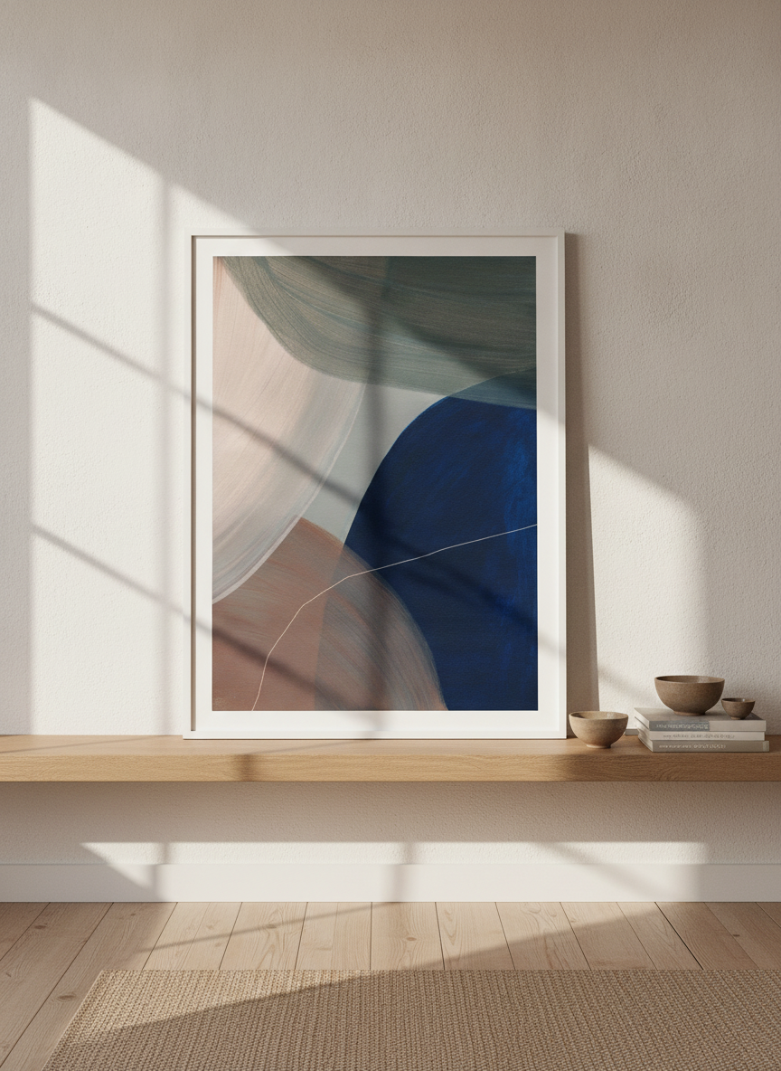 Modern wall art print standing on a shelf in a warm Japandi bedroom