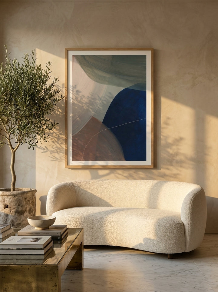 Modern wall art print styled on the wall in a luxe living room