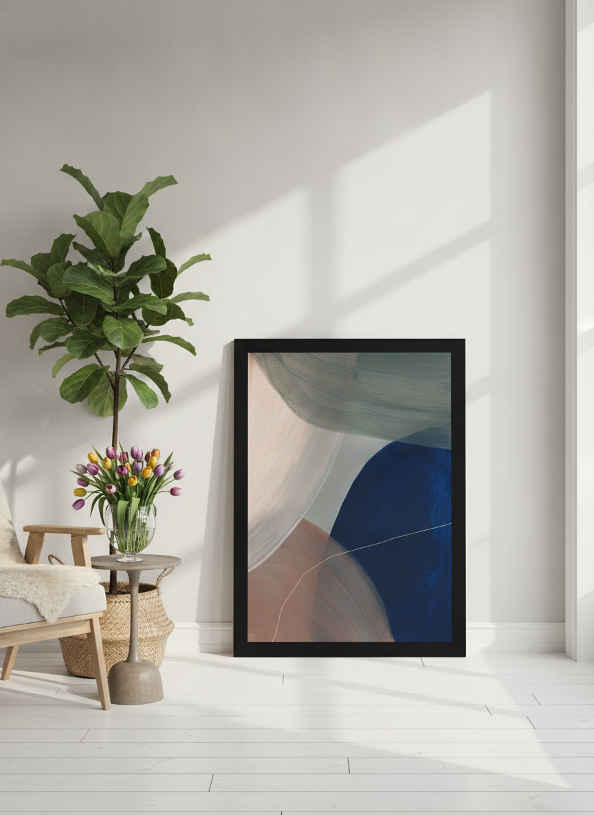 Modern wall art print leaning against the wall in a bright Scandinavian living room