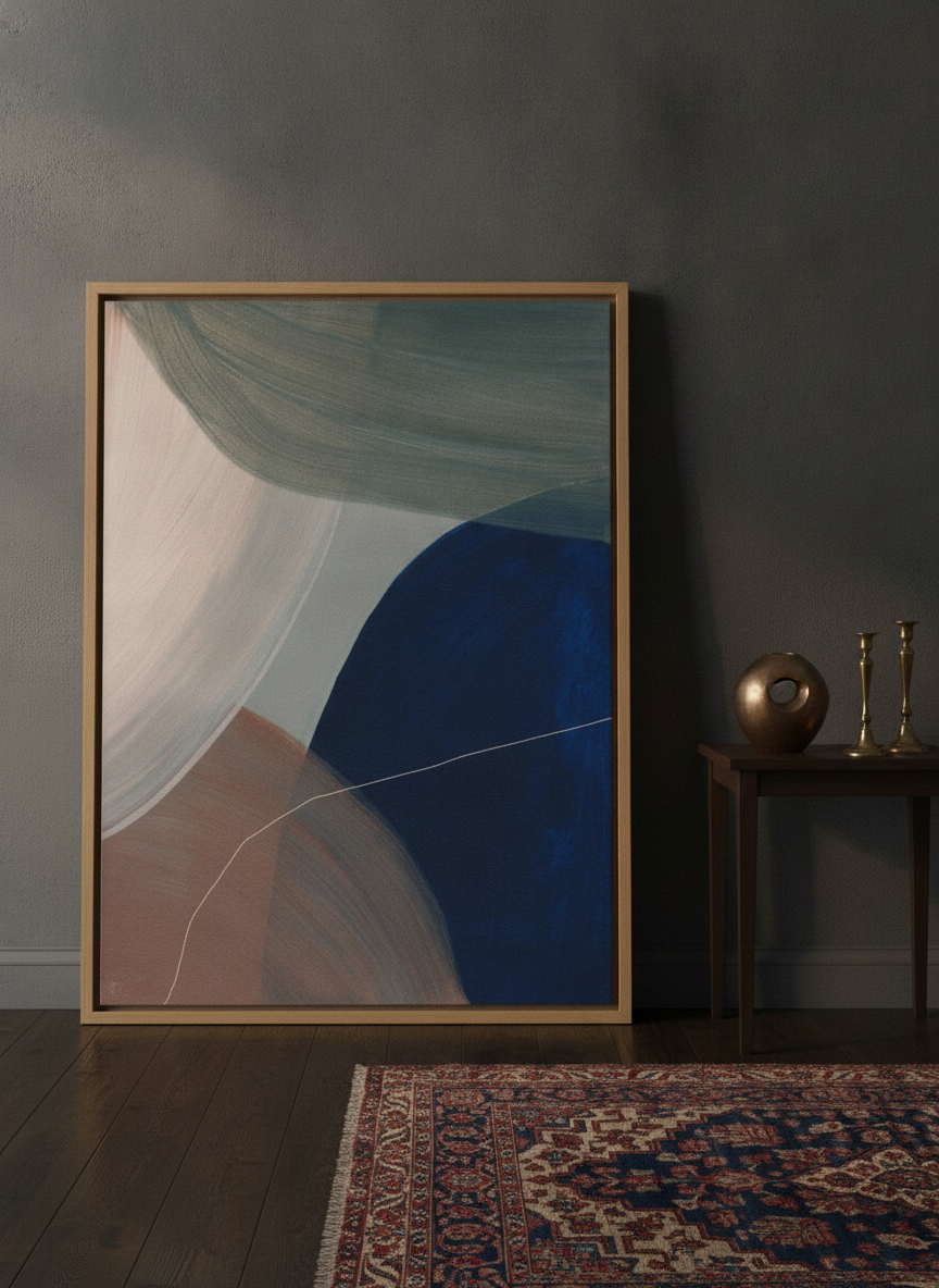 Oversized statement modern wall art print leaning against the wall in a moody dining room
