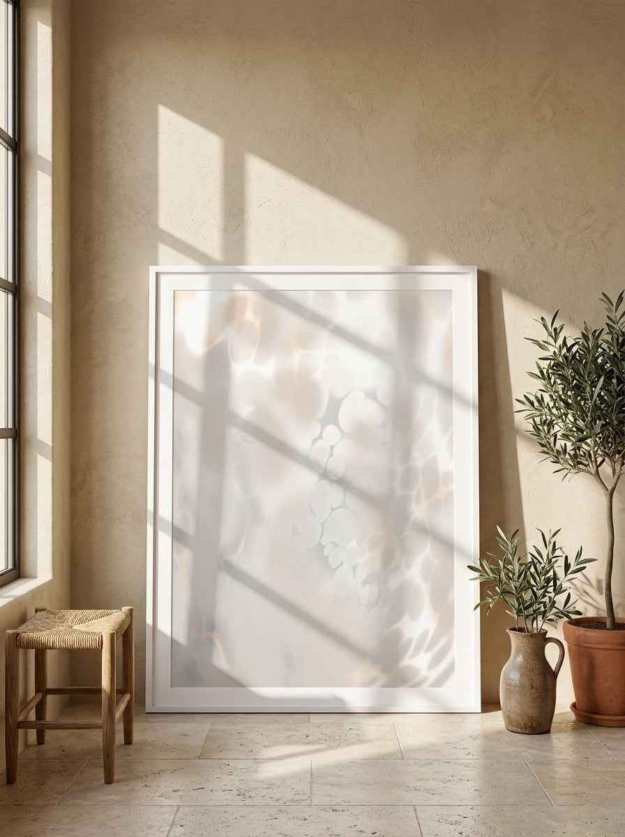 Modern wall art print leaning against the wall in a Mediterranean bedroom