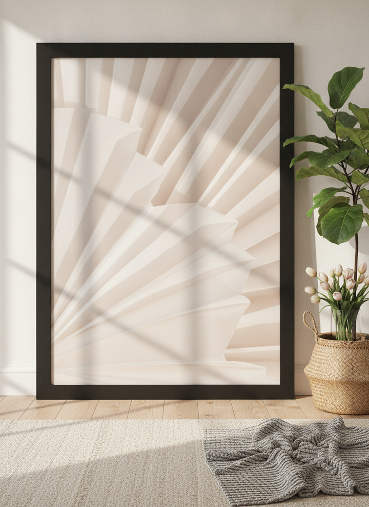 Oversized statement modern wall art print leaning against the wall in a bright Scandinavian bedroom