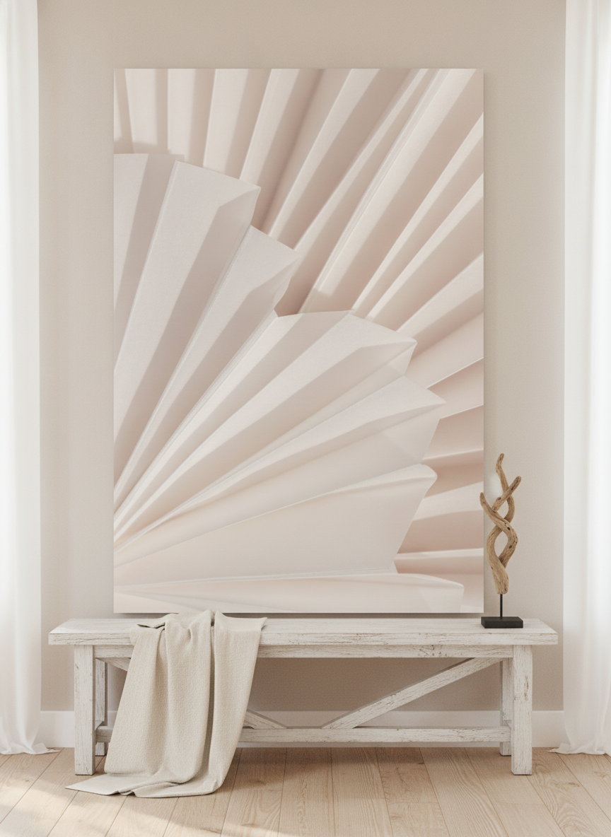 Stretched canvas wall art standing on a console in a coastal bedroom