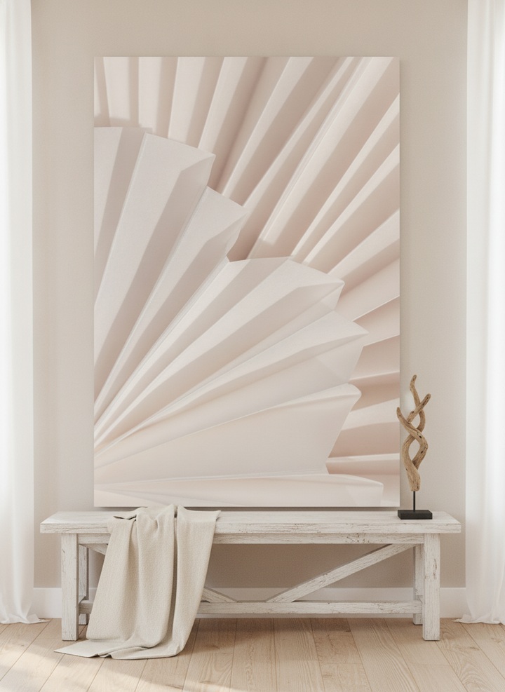 Stretched canvas wall art standing on a console in a coastal bedroom