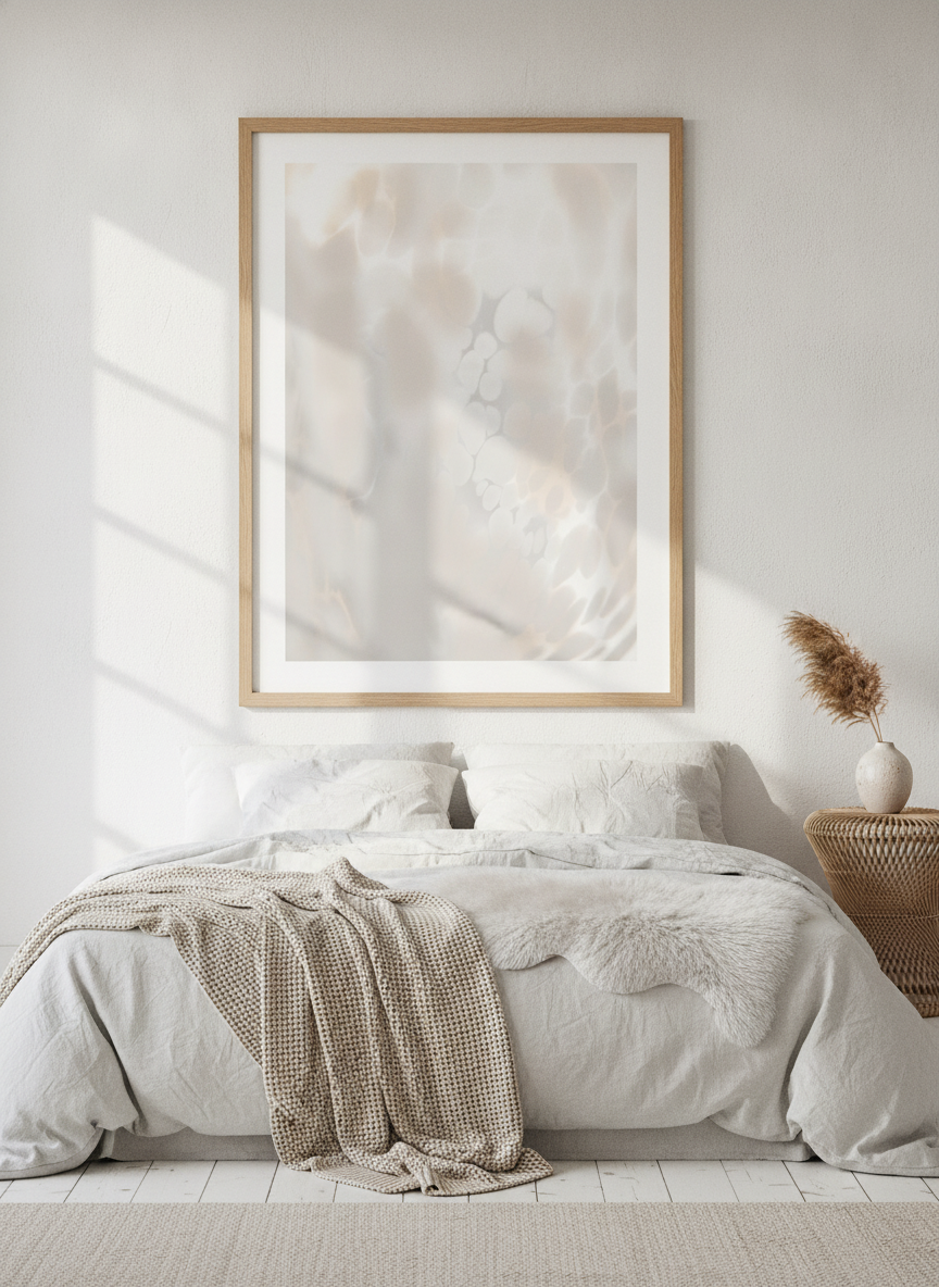 Modern wall art print styled on the wall in a bright Scandinavian bedroom